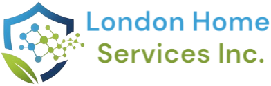 London Home Services Inc. logo featuring a shield design with green leaf and molecular graphics, representing home service solutions.