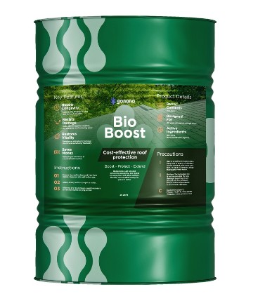 Bio Boost roofing treatment canister, showcasing cost-effective roof protection features and application instructions, relevant to enhancing asphalt shingles' durability and lifespan.