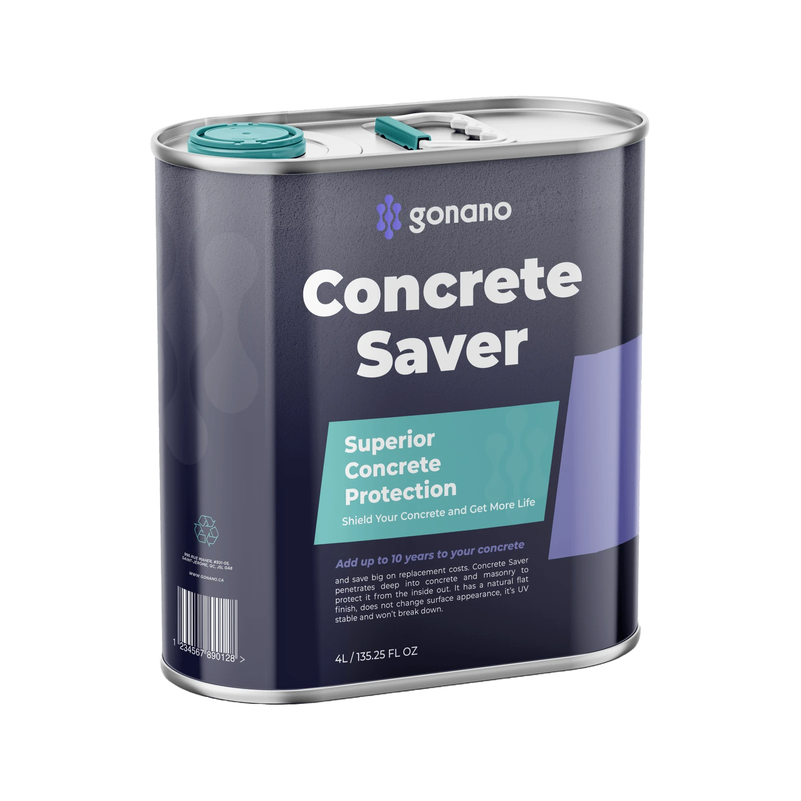 Concrete Saver product canister showcasing superior concrete protection and longevity benefits, emphasizing nanotechnology for enhanced durability.