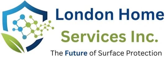 Logo of London Home Services Inc., featuring a shield design, green leaf, and molecular graphics, emphasizing surface protection solutions.