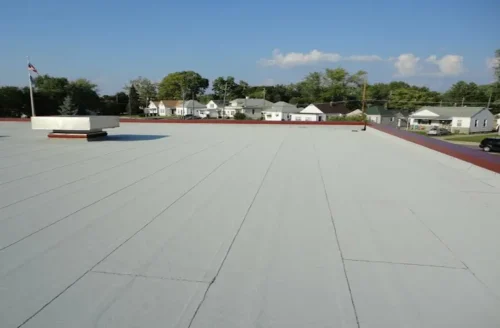 Flat roof surface with elastomeric membrane coating, residential houses in background, showcasing durability and resistance against extreme weather.