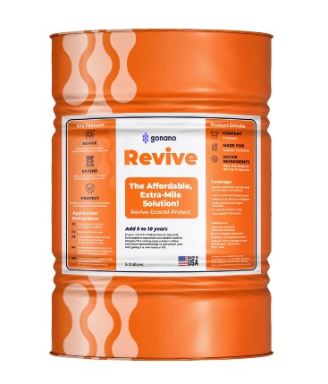 Orange barrel labeled "Revive" featuring nanotechnology solutions for asphalt shingles, emphasizing durability and lifespan extension.