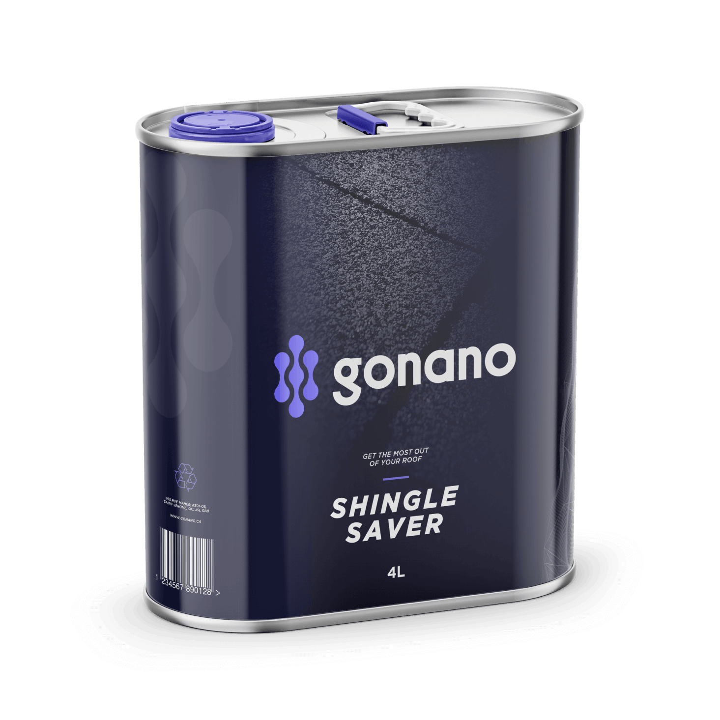 GoNano Shingle Saver container, 4L, featuring branding and text emphasizing roof protection and longevity.