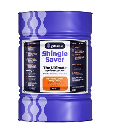 Shingle Saver product container showcasing advanced roofing protection technology for asphalt shingles, highlighting nanotechnology benefits and durability enhancements.