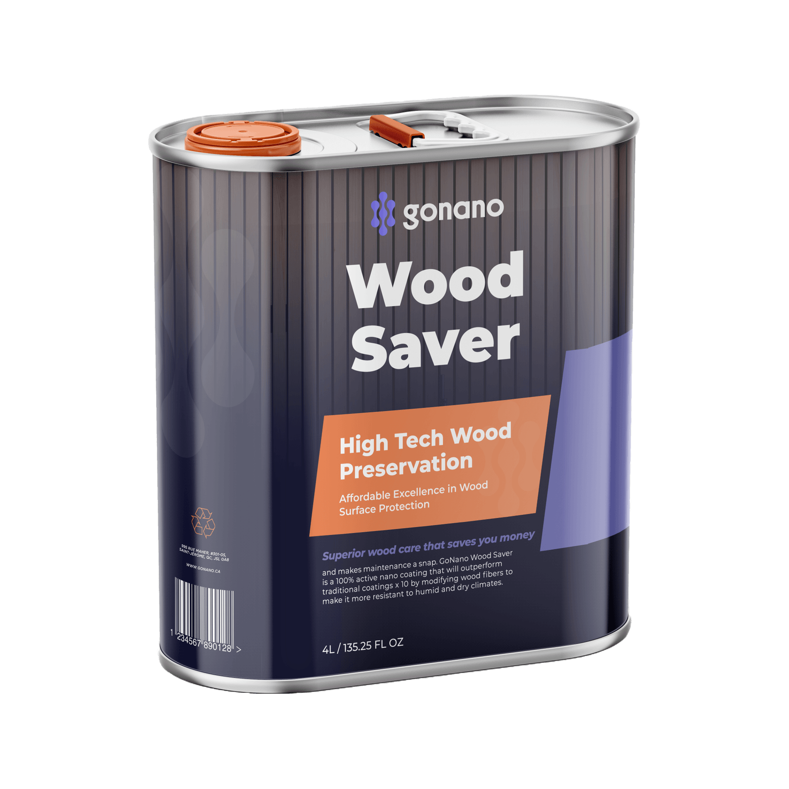 Wood Saver canister featuring high-tech wood preservation technology, emphasizing affordable excellence in wood surface protection and moisture resistance.