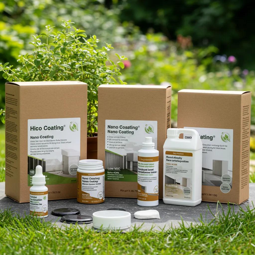 Eco-friendly nano coating products in a natural setting, emphasizing low-VOC and non-toxic properties