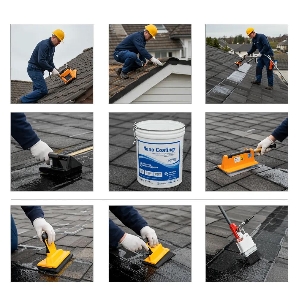 Technician demonstrating the nano coating application process on a roof, showcasing inspection and preparation steps