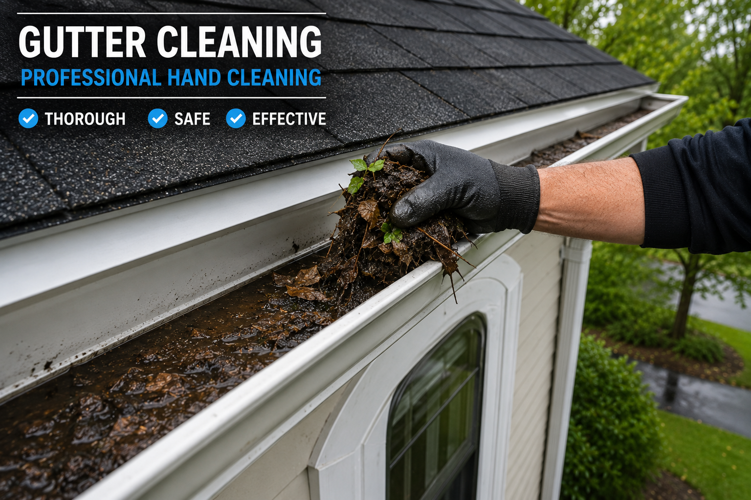 Professional gutter cleaning with broom